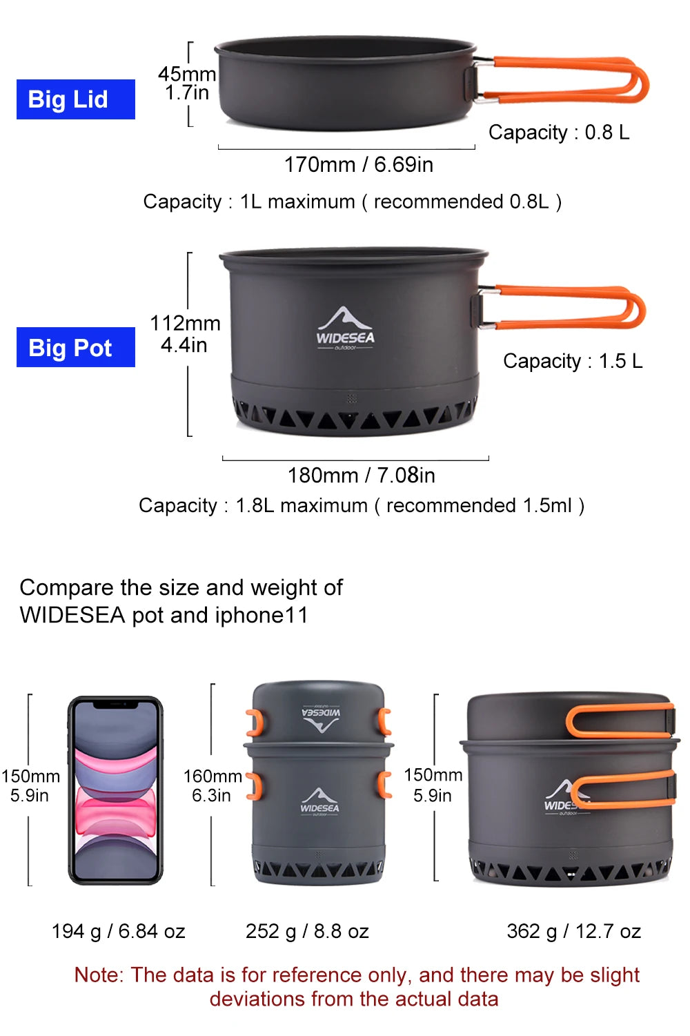 Widesea Camping Cookware Set – 1.3L & 2.3L Pots with Kettle for Outdoor Cooking